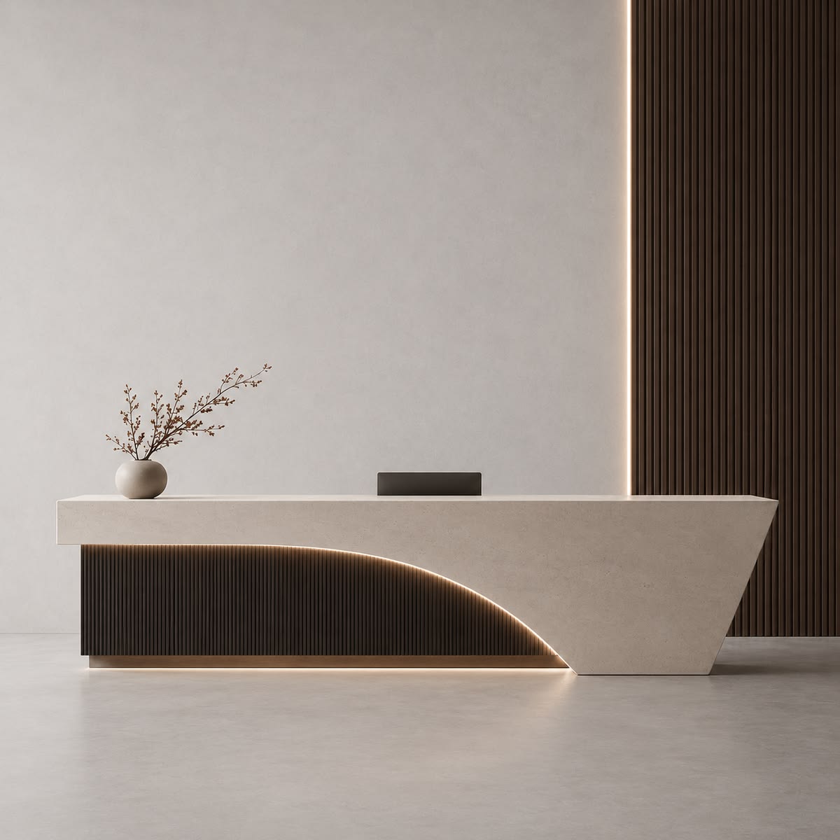 High-Impact Reception Desk with Acoustic Wood Slats & Planter Borders #28